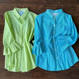 TWO Gretchen Scott ruffle sleeve blouses